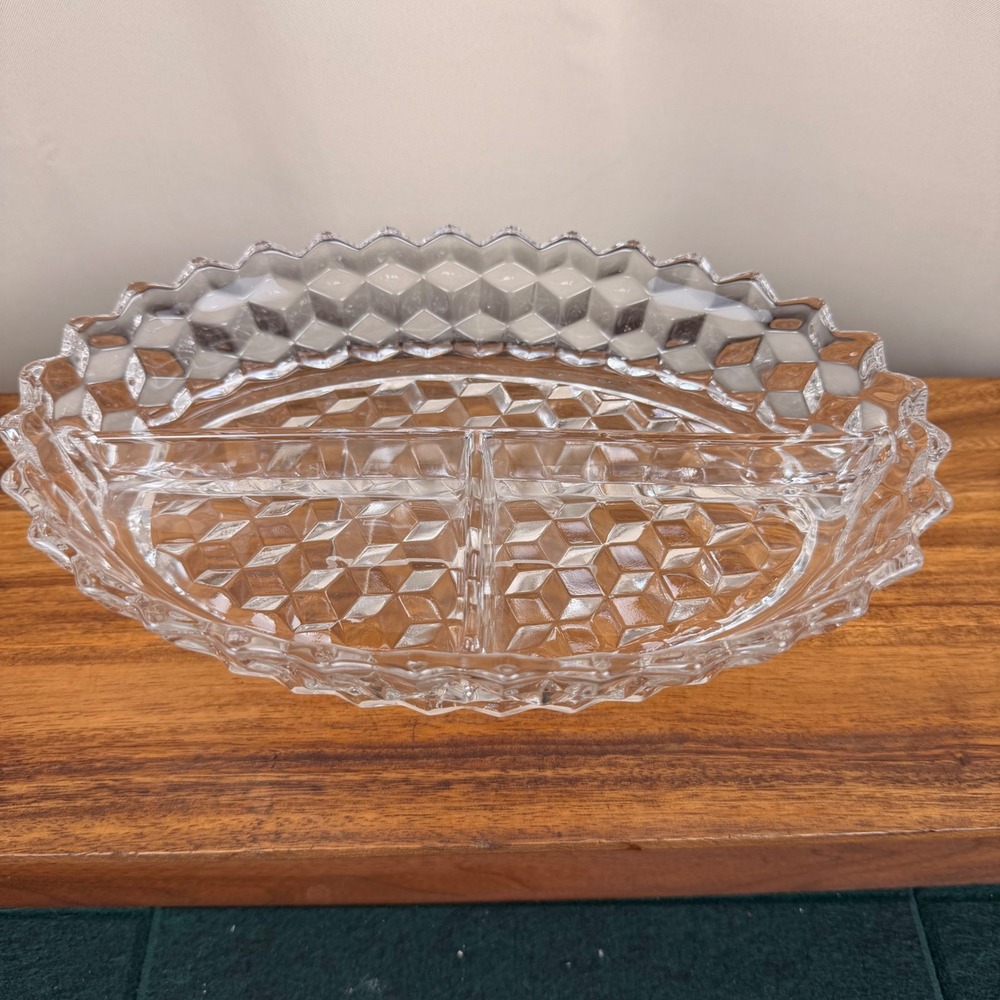 Fostoria America Clear Glass 3 Part Divided Relish Dish Oval Cube Pattern 10.5in